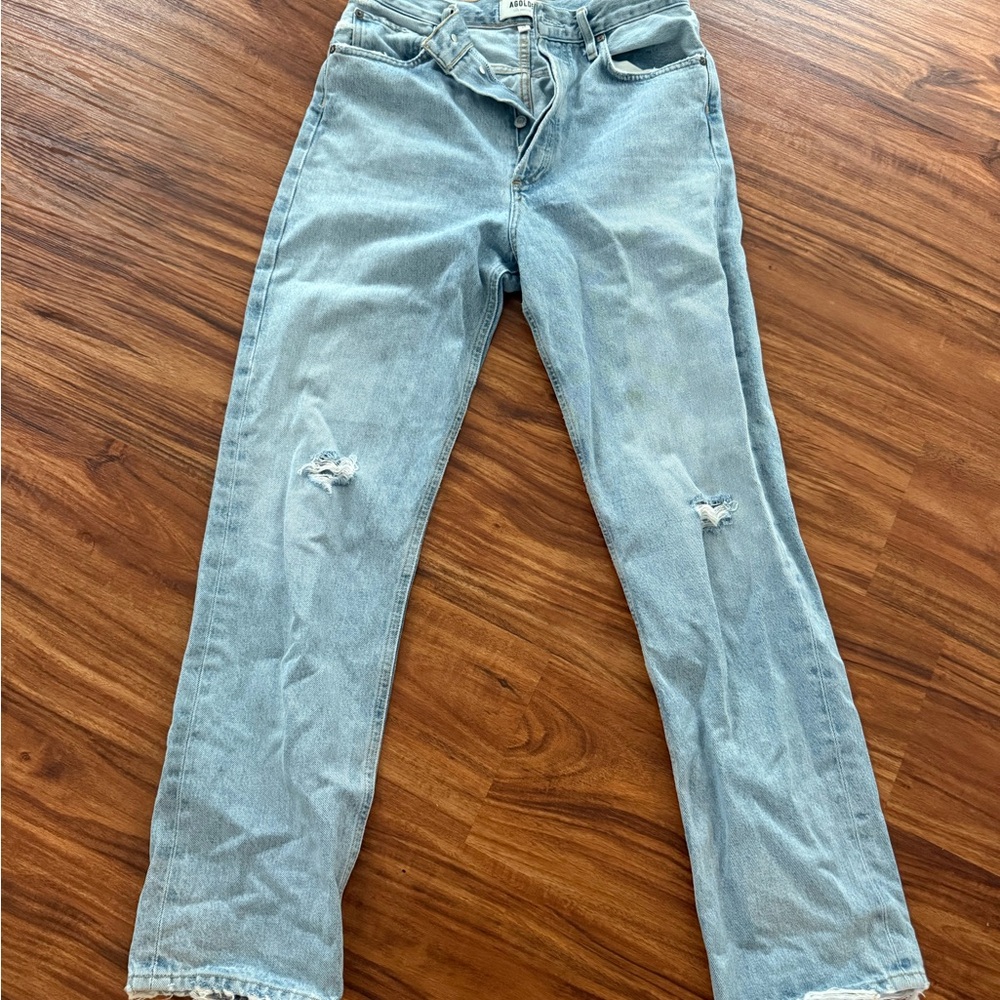 Agolde Blue Straight Leg Jeans with Distressed Details